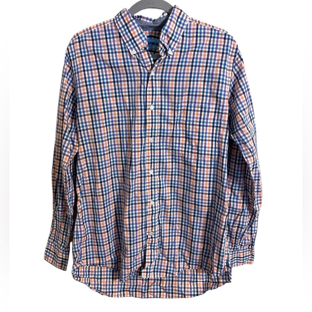 J. McLaughlin Plaid Button Up Shirt Blue Purple Orange Trim Fit‎ Medium